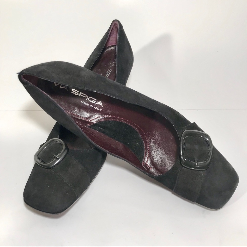 Via Spiga Italy black suede kitten heel, sq. toe/ buckle hee…